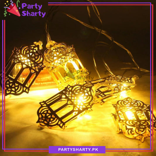 Electric Operated Golden Lantern Shaped Led Metal String Lights For Ramadan Decoration