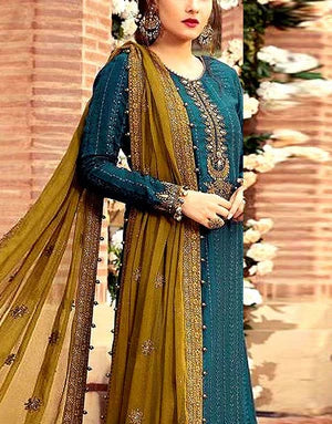 Heavy Embroidered Zinc Blue Chiffon Dress for Party & Formal Wear