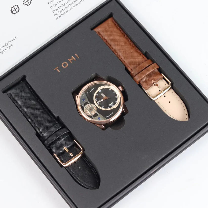 TOMI T-105 Face Gear Dual Strap Luxury Watch– Date Quartz Matching Pair | Findsy.pk