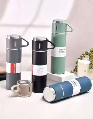 3 Cup Double-Layer Stainless Steel Vacuum Flask Set – 500ml | Findsy.pk