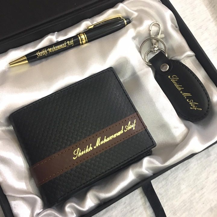 Customized Name Engraved Wallet + Pen + Keychain Gift Box