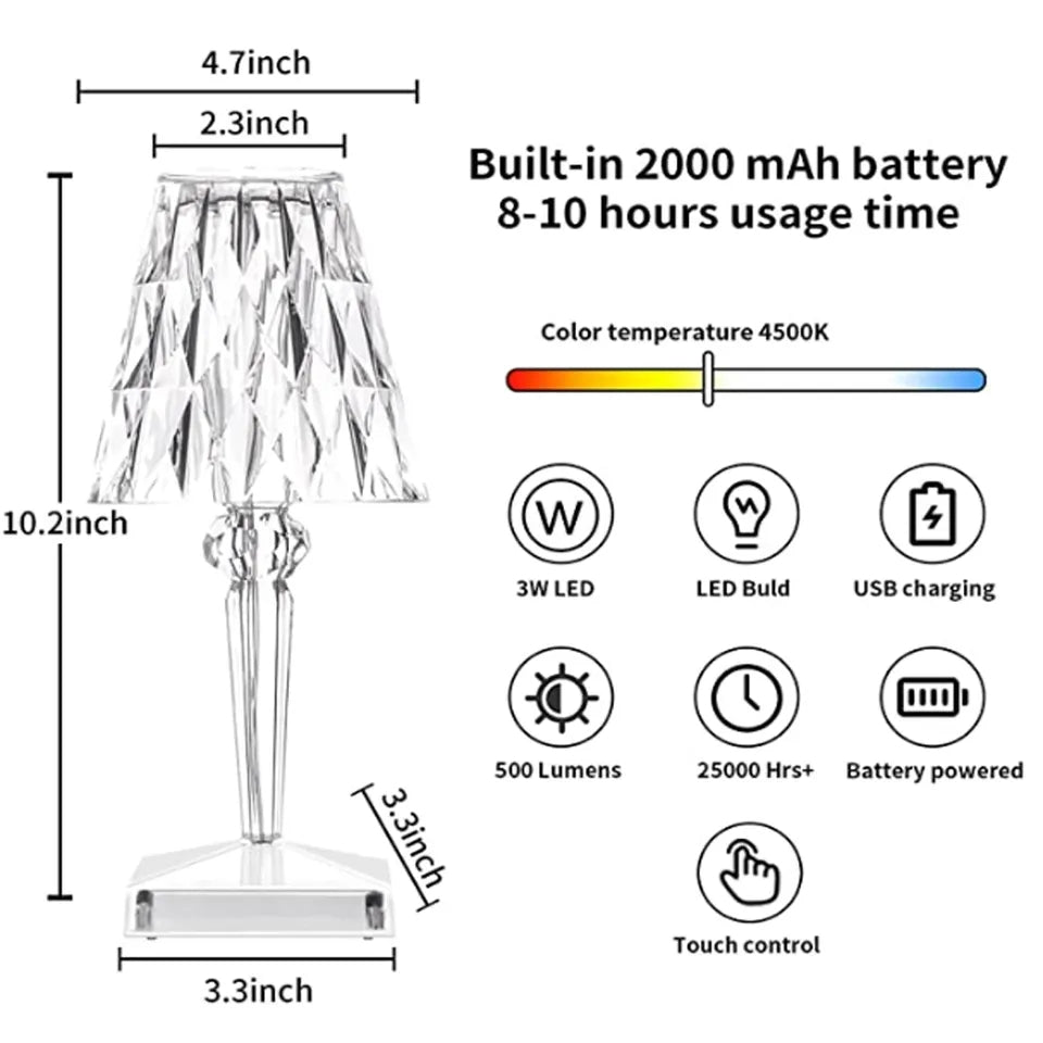 Diamond Acrylic Table Lamp - Rechargeable