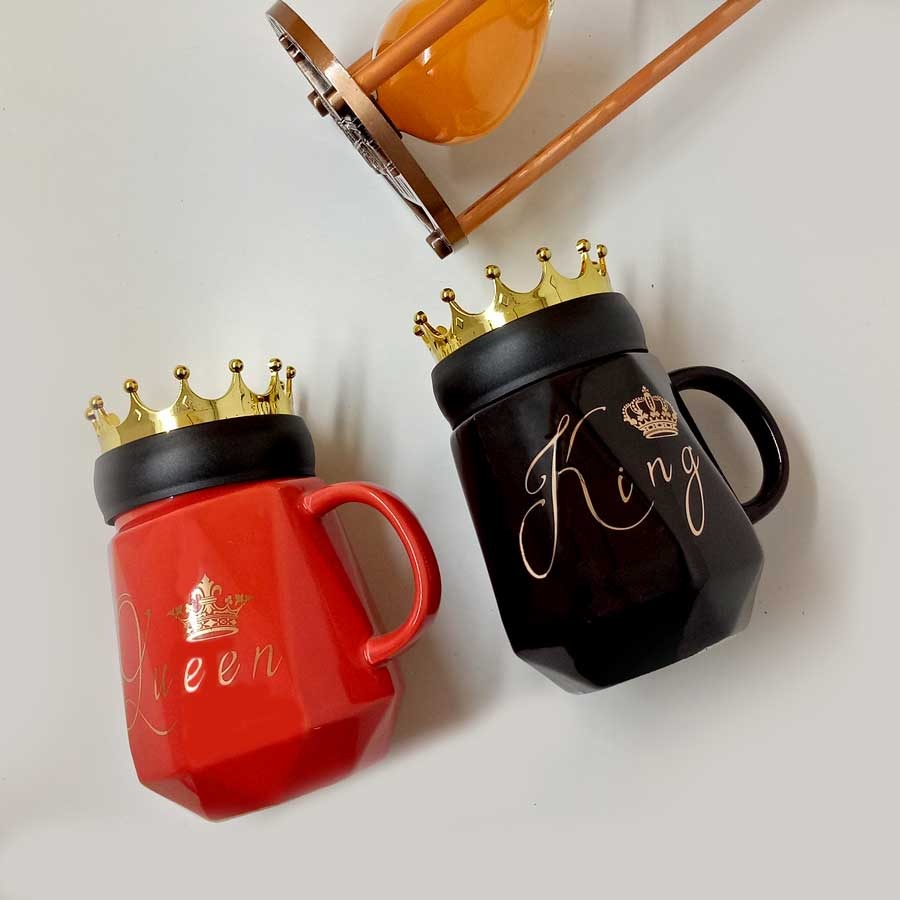 King And Queen Couple Mug with Crown Lid