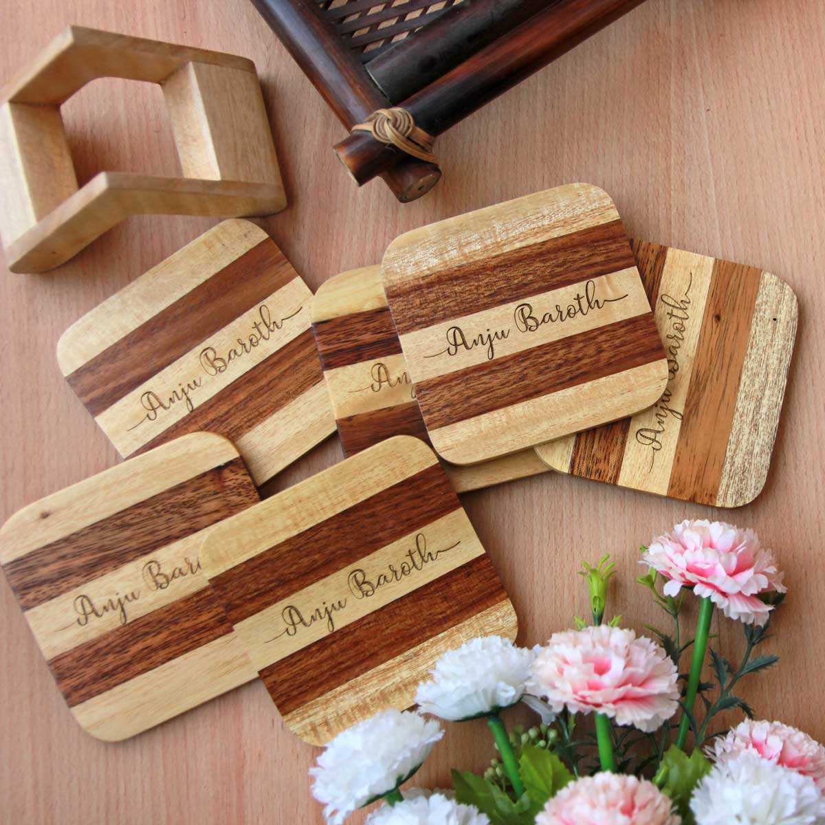 Customized Wooden Coaster Set With Holder